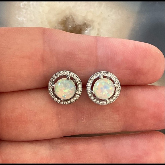 Sterling silver opal stud earrings cubic zirconia pave round halo earrings - Picture 5 of 7